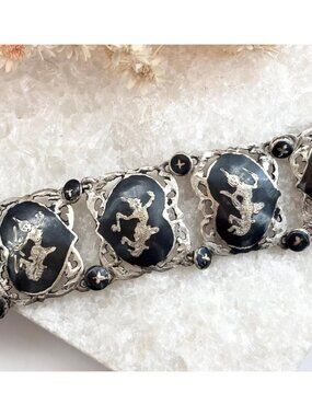 Rare Heart Shaped Siam Sterling Silver Paneled 30's 925 Vintage Chunky Bracelet